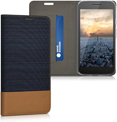 Калъф-за награда kwmobile, съвместим с Motorola Moto G4 Play - Чанта-портфейл от изкуствена кожа с поставка - Тъмно синьо /кафяво