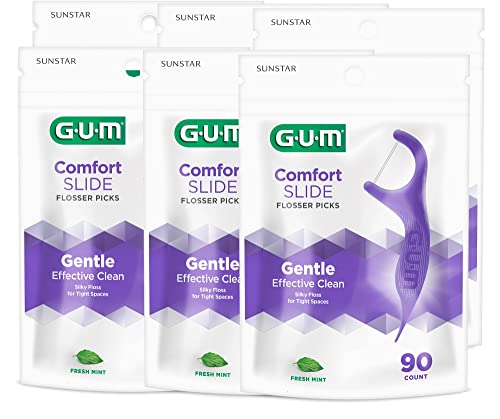 Зъбни конци GUM - 887DD Comfort Slide Flossers за труднодостъпни места, Прясна мента, Комплект за почистване на зъбите, 90 броя (опаковка от 6 броя)