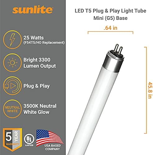 Лампа Sunlite 41823 LED T5 Plug & Play Light Tube (тип A) 4 фута, 25 W (равен F54T5) 3300 Lm, Двухконтактное мини-основа G5, двухконтактное връзка, съвместим с баласт, Матиран, е в списъка на UL, неутрално бяло 3500