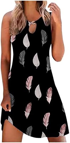 Женствена рокля в стил бохо 2023, Лятна Рокля Midi без ръкави с Цветен Принтом, Ежедневното женствена рокля с равен брой гласове-боя и Висока талия (02-Черен, L)