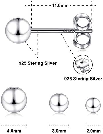 Обеци-карамфил с топки от Сребро, Комплект от 3 чифта от 2 мм, 3 мм, 4 мм, Малки Топки, Хипоалергенни Бижута