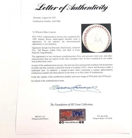 1996 Атланта Брейвз подписаха бейзболен договор PSA / DNA с автограф на Грег Мэддукса - Бейзболни топки с автографи