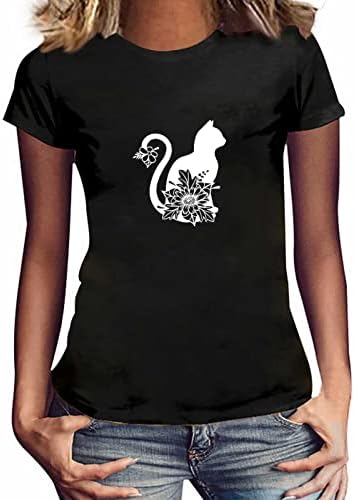 Дамски Хубава Тениска, Потник за момичета, Тениска С образа на Привлекателен Котка с Къс Ръкав и кръгло деколте, Върхове