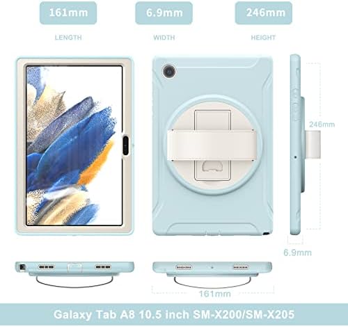 Калъф за Samsung Galaxy Tab A8 10.5 инча 2022 (SM-X200/X205/X207), Двуслойни Здрав калъф за цялото тяло с въртяща се на 360 ° стойка, каишка за ръка