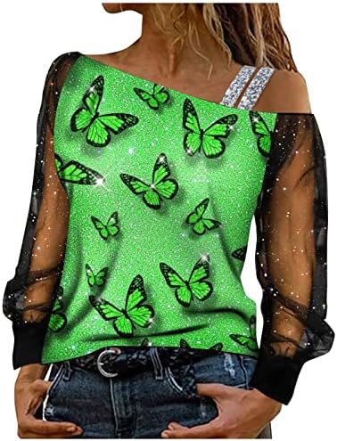Тениска Дамски Однотонная Жена С Блестящи Принтом Пеперуди, Копчета, Дантелени Ризи с Кръгло Деколте и Дълъг Ръкав за