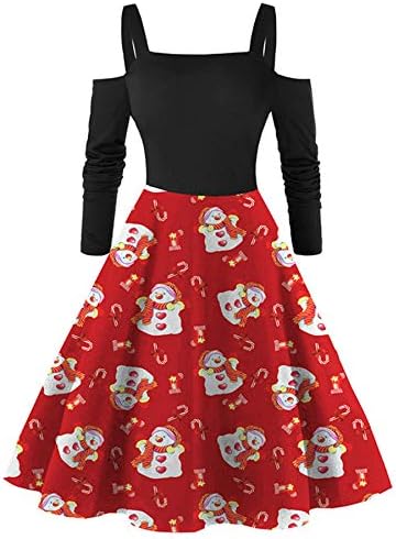 Andongnywell-Секси Коледна рокля с открити рамене и дълги ръкави с Принтом, Винтажное Коктейл Коледна Рокля с джоб