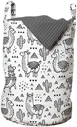 Чанта за дрехи Ambesonne от Лама, Абстрактни Триъгълници като алпака в Черно Картун стил, Кошница за дрехи с дръжки, Закрывающаяся на шнур, за пране, 13 x 19, Бяла, Струя-Сив