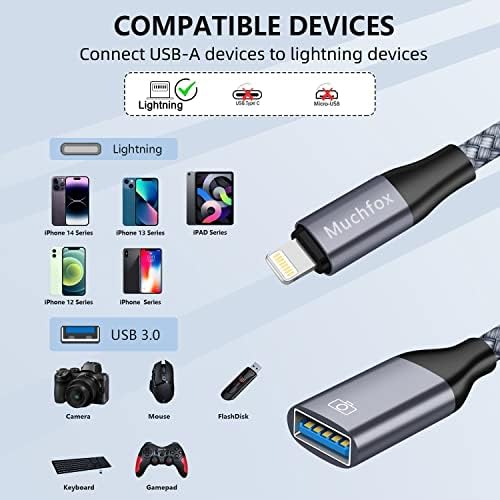 Адаптер Lightning към USB камера [Сертифициран от Apple Пфи], кабелен адаптер Lightning OTG USB 3.0, съвместим с iPhone/ iPad, Поддържа връзка камера, четец-четец, USB-флаш устройство, клавиат